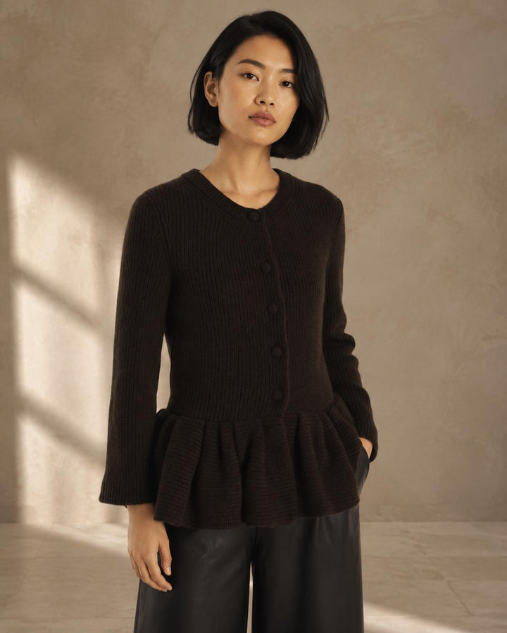 Peplum Cashmere Cardigan - Chocolate