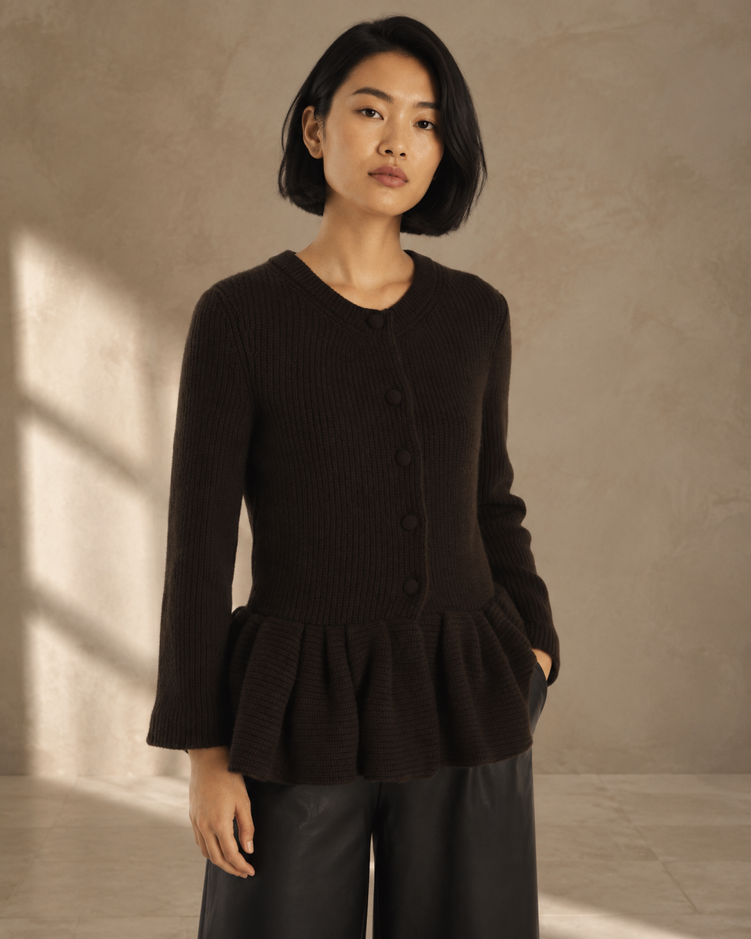 Peplum Cashmere Cardigan - Chocolate