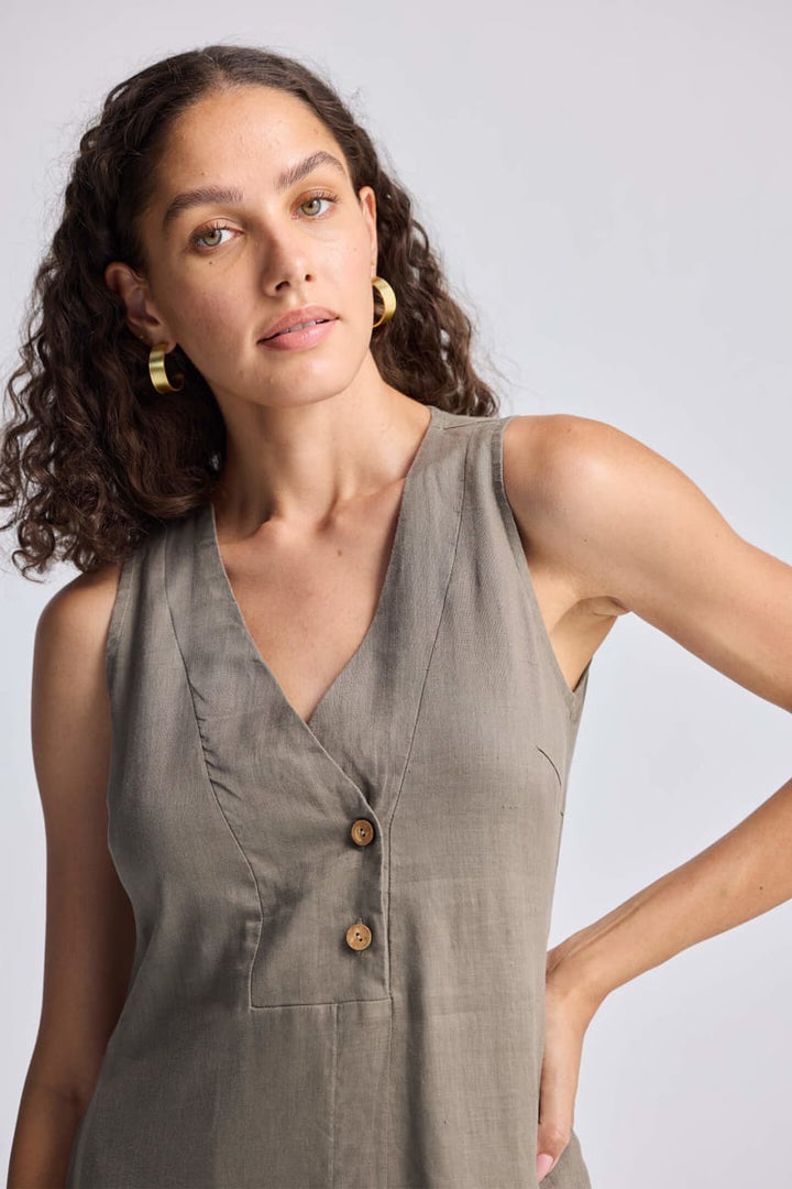 Straight Dress With Front Slit In Hemp - Dark Green