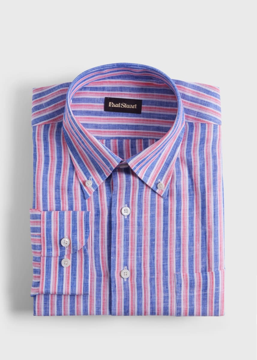 Linen Shadow Stripe Sport Shirt - Blue/Red