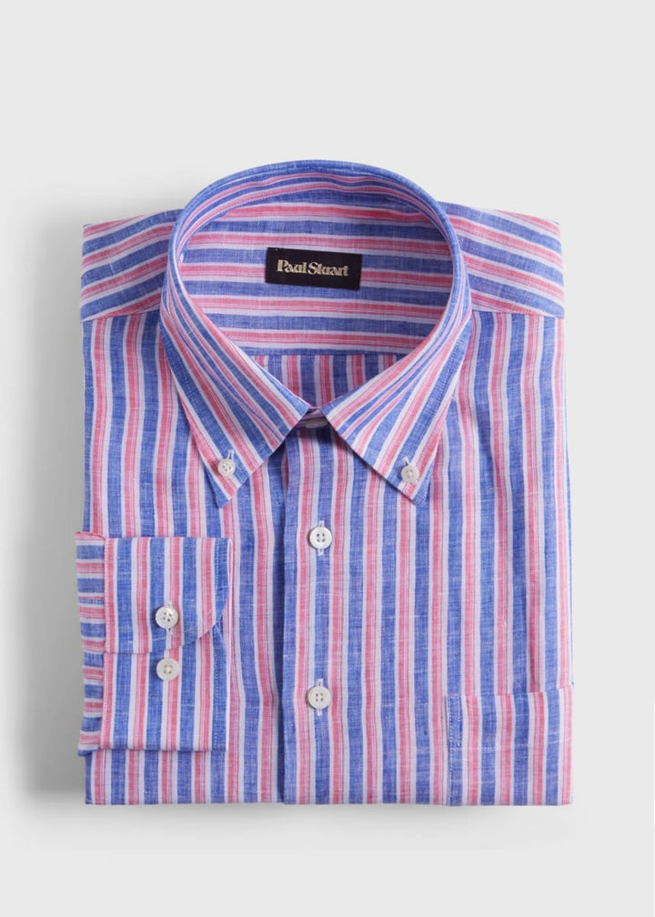 Linen Shadow Stripe Sport Shirt - Blue/Red