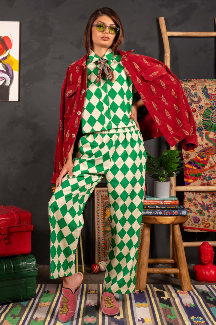 Hand Printed 'Seema' Pants - Green And Beige Rhombus