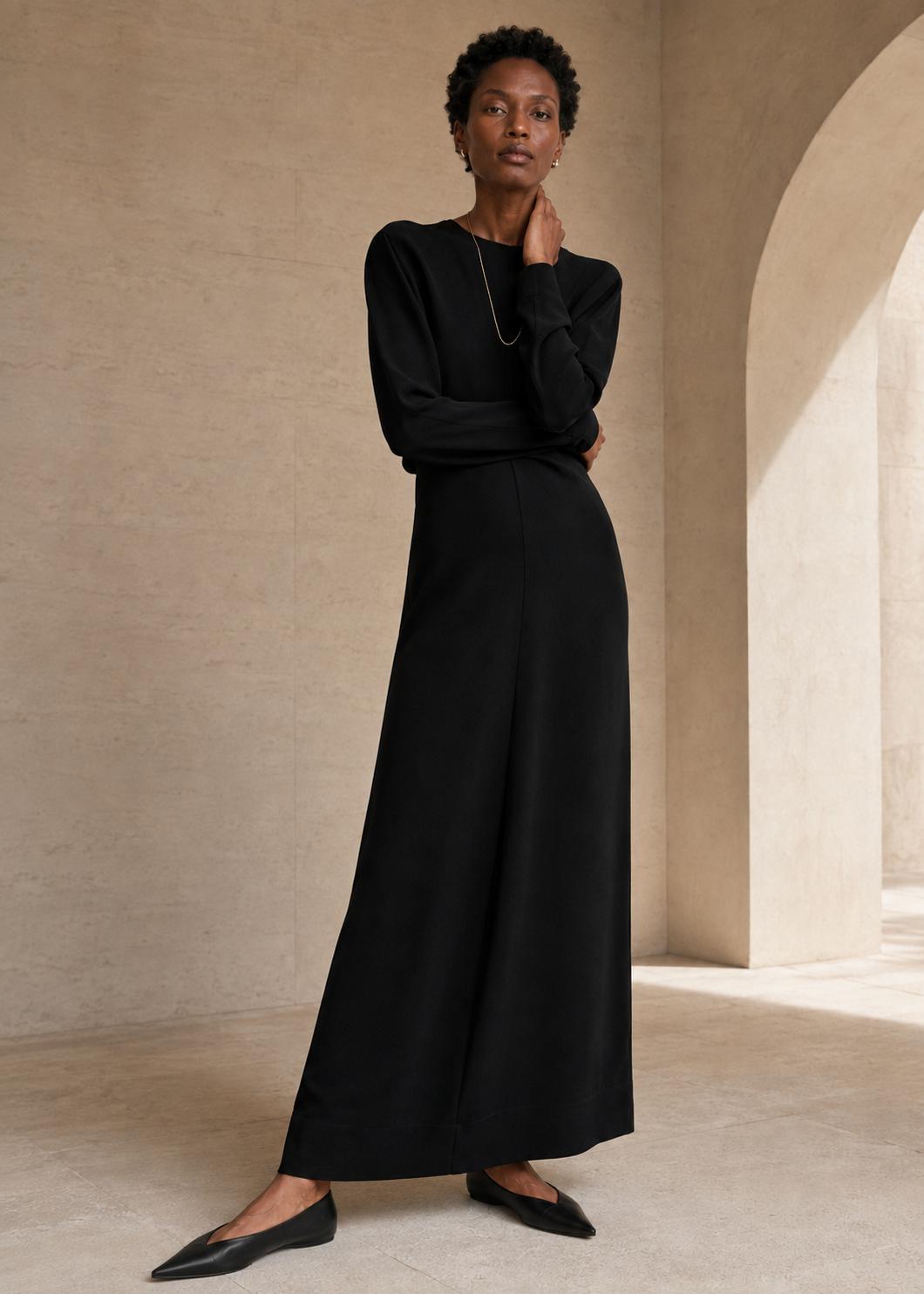 Long-Sleeve Slouch Waist Dress - Black