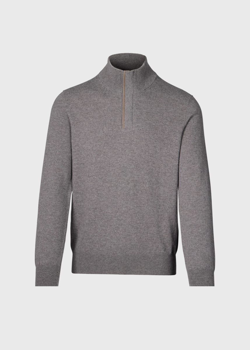 Quarter Zip Sweater with Suede Trim - Grey