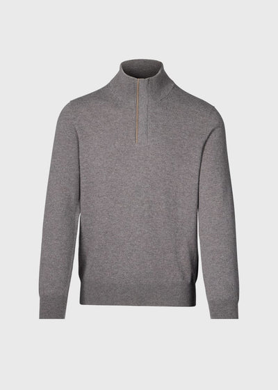 Quarter Zip Sweater with Suede Trim - Grey