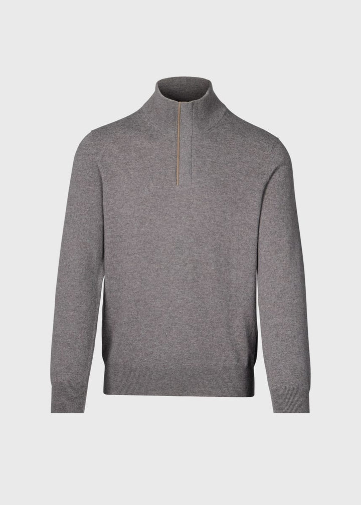 Quarter Zip Sweater with Suede Trim - Grey