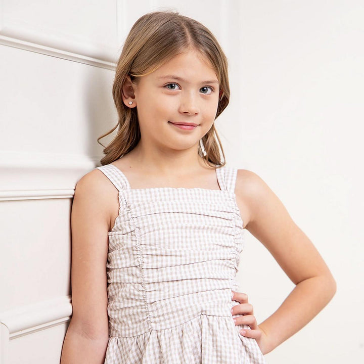 Organic Ruched Bodice Party Dress - Taupe Gingham Seersucker