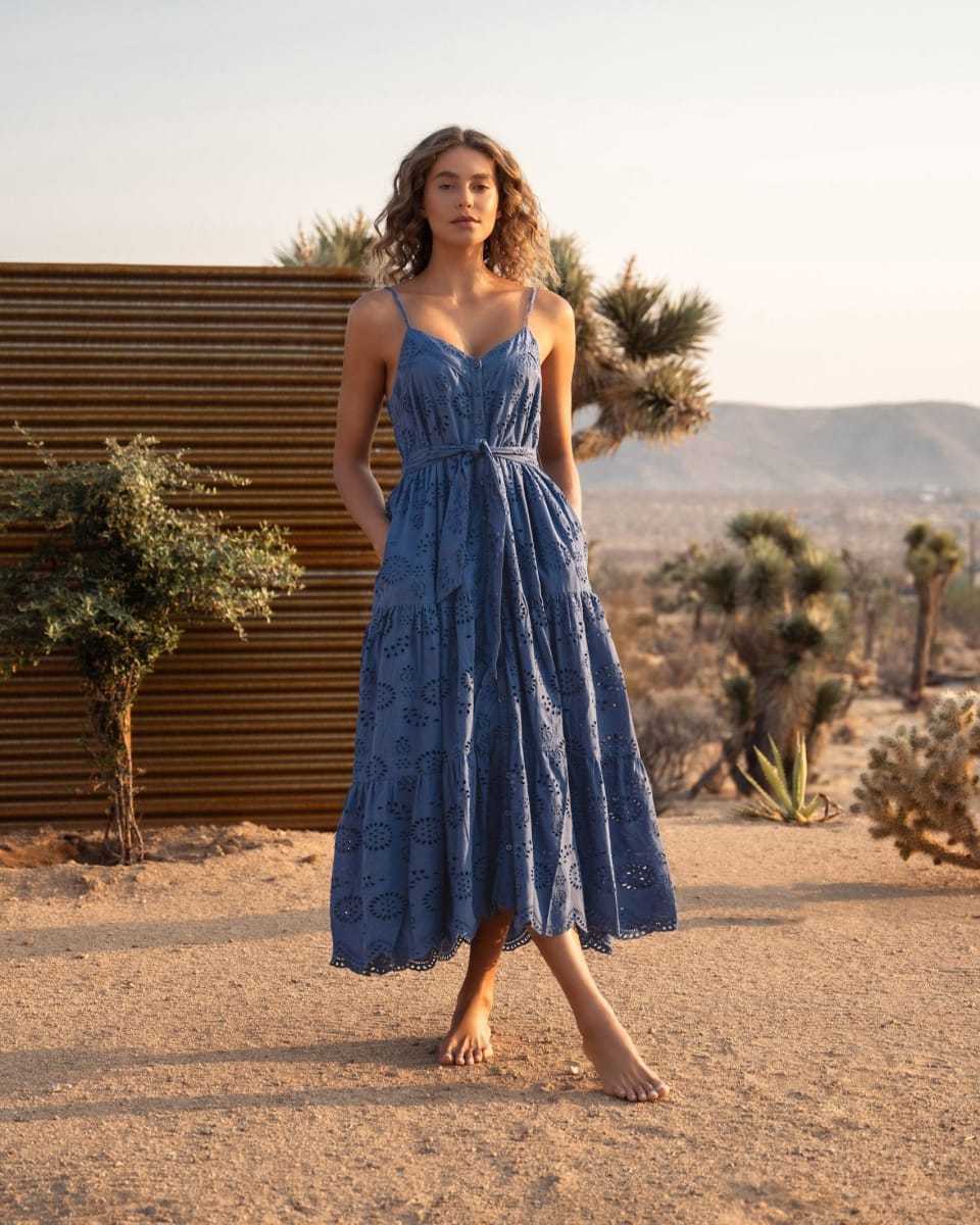 Addyson Dress In San Andrés Eyelet - Steel Blue