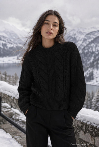 Cableknit Crew Neck Sweater - Black - Sweater