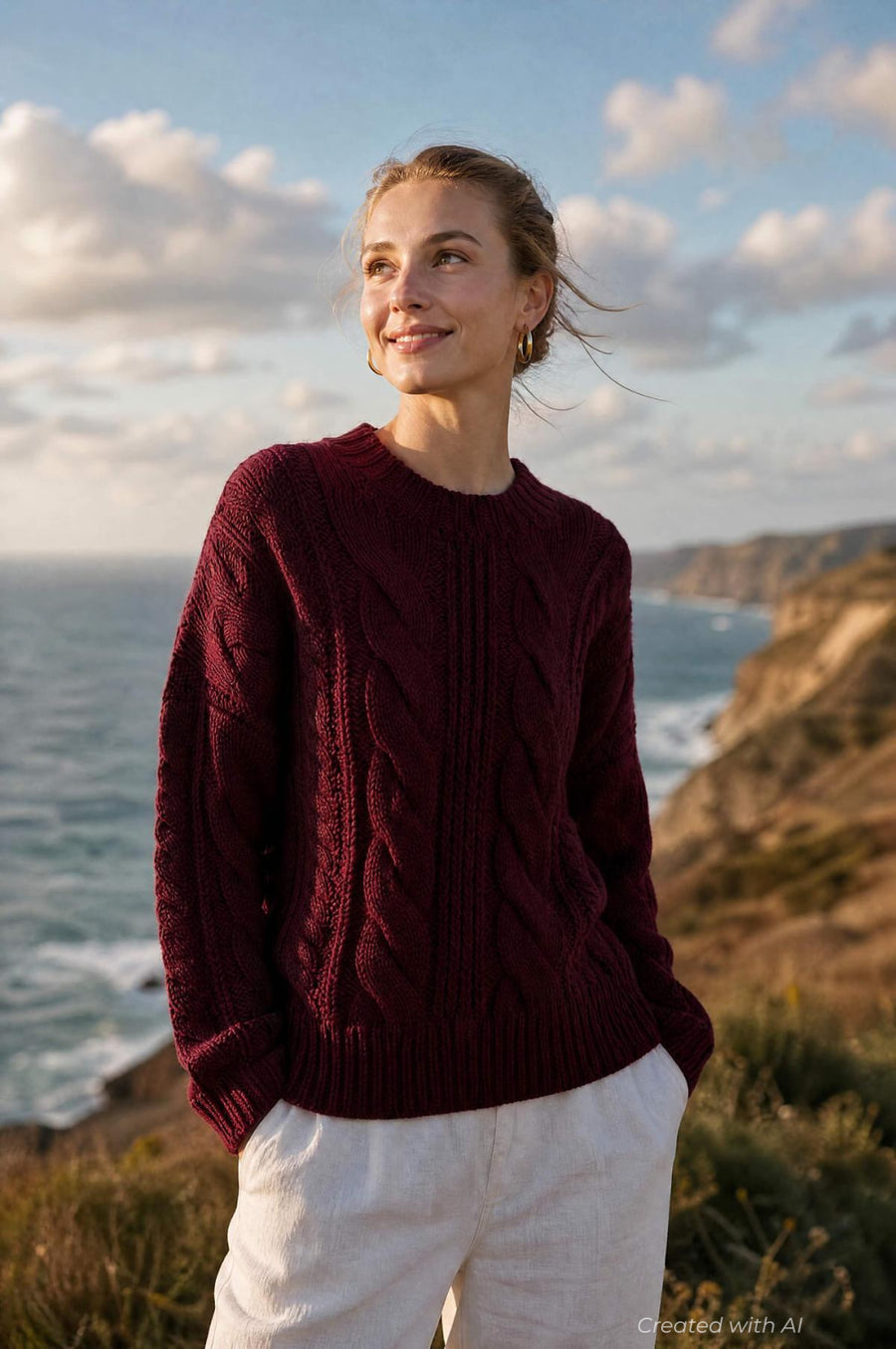 Cableknit Crew Neck Sweater - Burgundy - Sweater