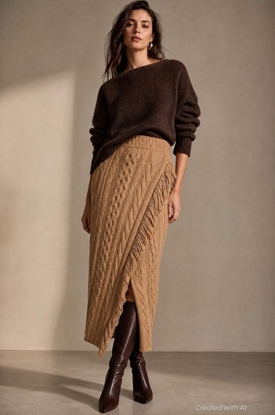 Cableknit Sweater Skirt - Tan - Skirt