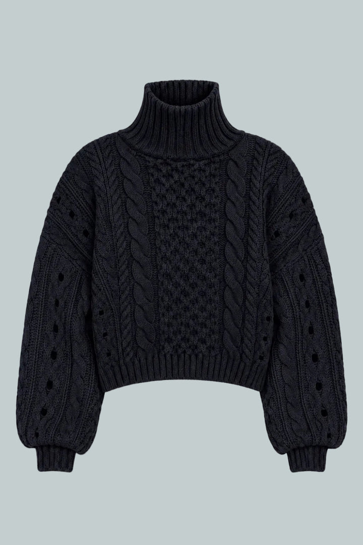 Cableknit Turtleneck Sweater - Black - Sweater