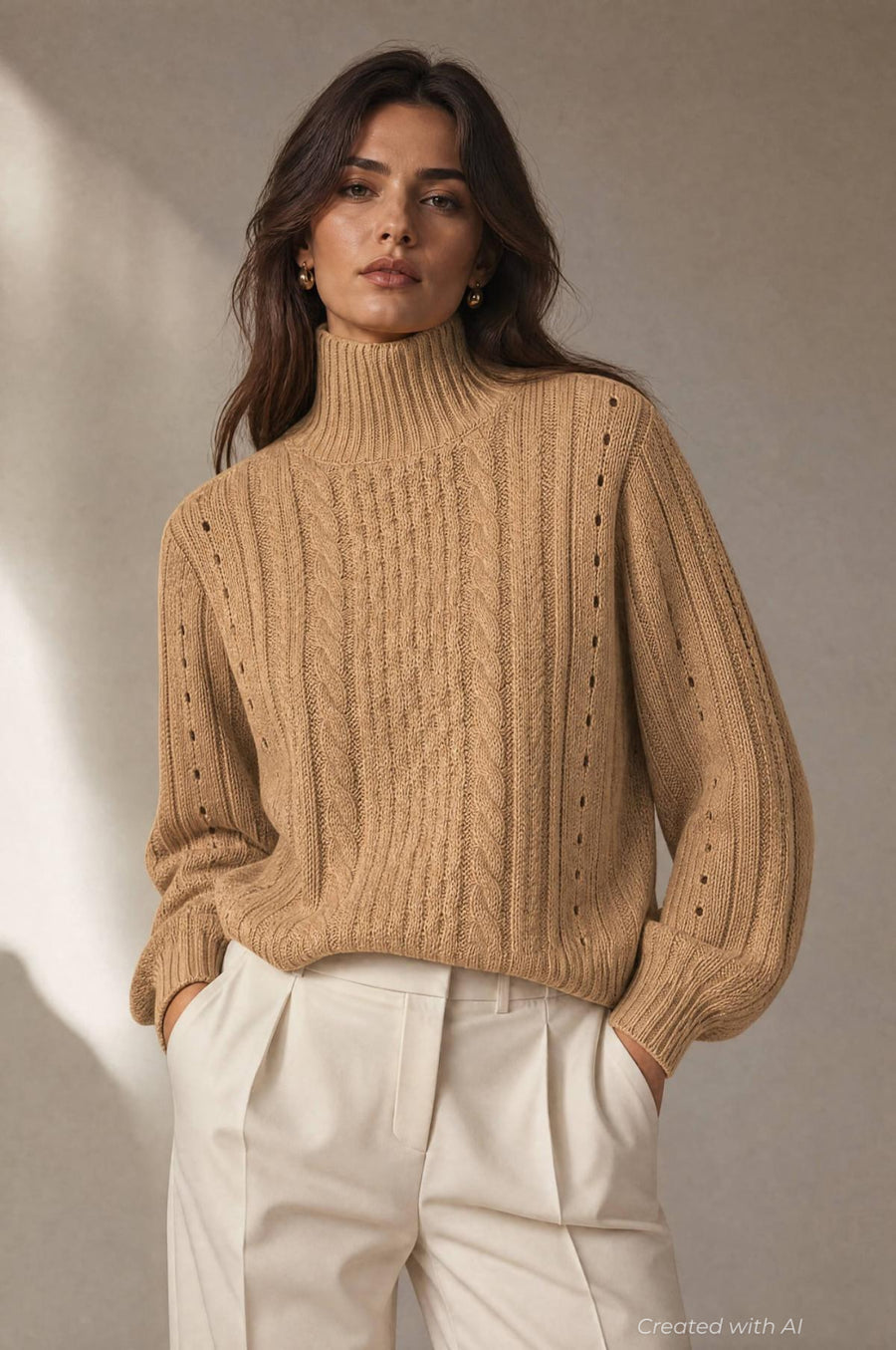 Cableknit Turtleneck Sweater - Tan - Turtleneck