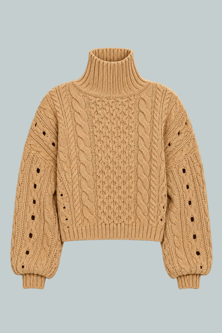 Cableknit Turtleneck Sweater - Tan