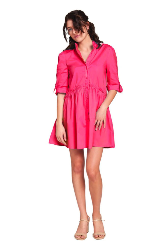 Cammie Ruffle Shirt Dress - Bright Pink - Dresses