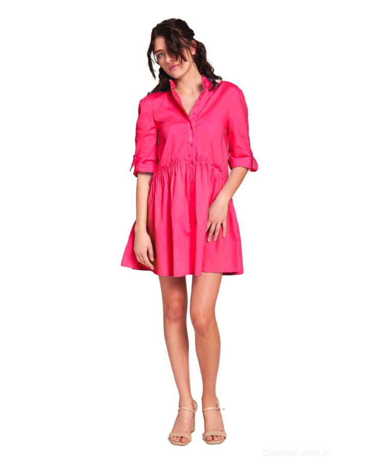Cammie Ruffle Shirt Dress - Bright Pink - Dresses