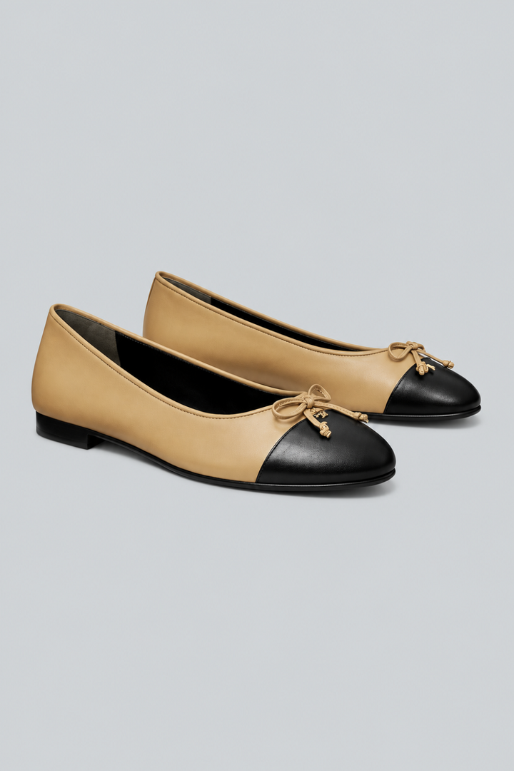 Cap Toe Ballerina Leather Shoes - Beige - 8 - Flats