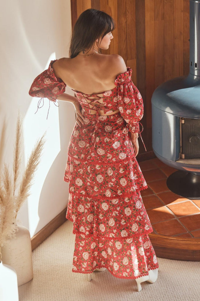 Casey Puff Sleeve Top - Scarlet/Ivory Rose Floral - FINAL SALE - Crop Top