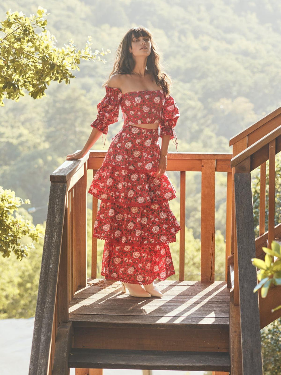 Casey Puff Sleeve Top - Scarlet/Ivory Rose Floral - FINAL SALE - Crop Top