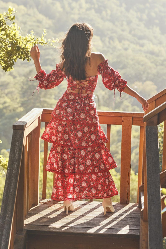 Casey Puff Sleeve Top - Scarlet/Ivory Rose Floral - FINAL SALE - Crop Top