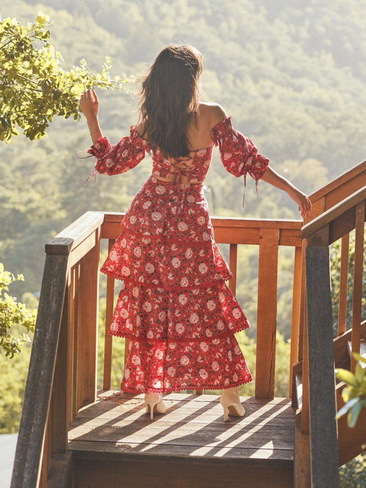 Casey Puff Sleeve Top - Scarlet/Ivory Rose Floral - FINAL SALE - Crop Top