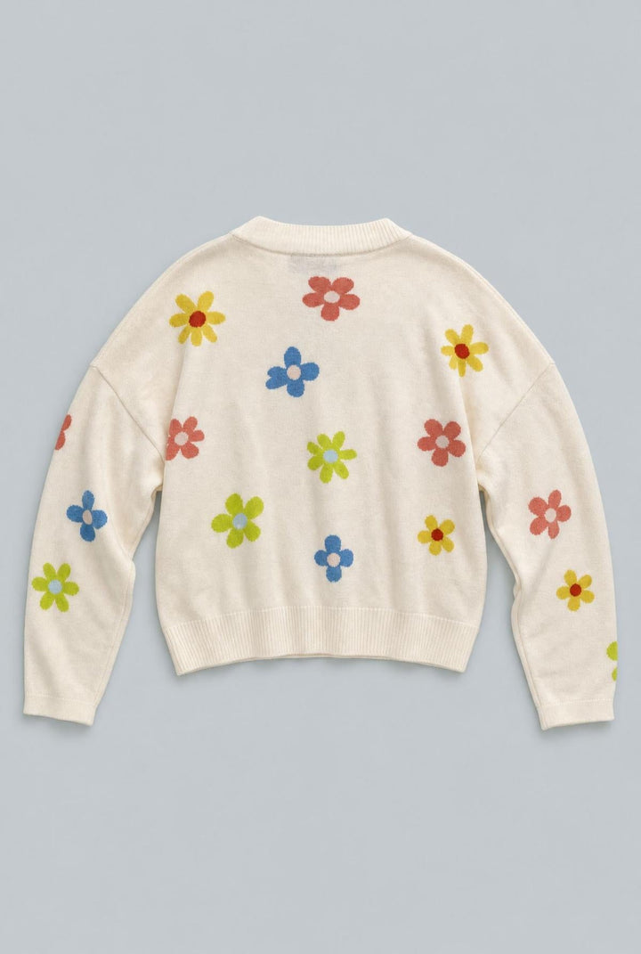 Cashmere Blend Floral Crew Neck Sweater - Cream Multi - Sweater