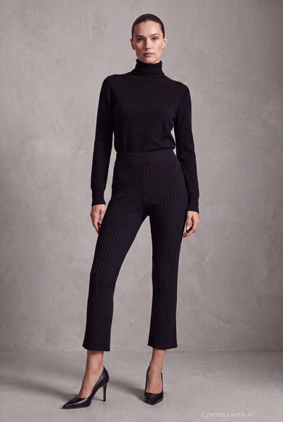 Cashmere Blend Ribbed Pants - Black - Pants