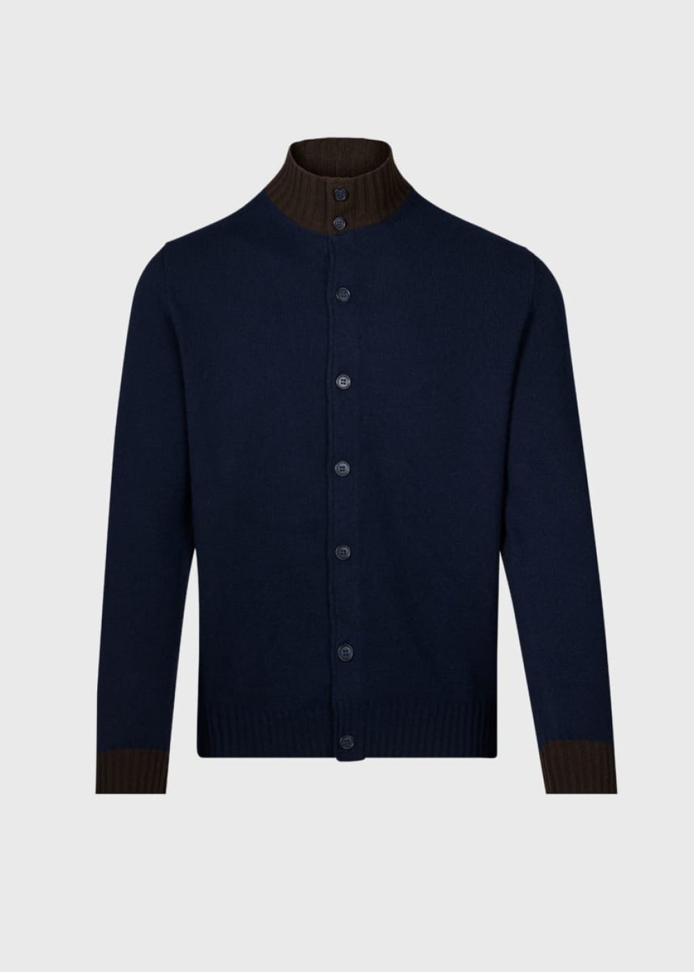 Cashmere Button Front Cardigan - Navy/Brown - S (38) - Cardigan