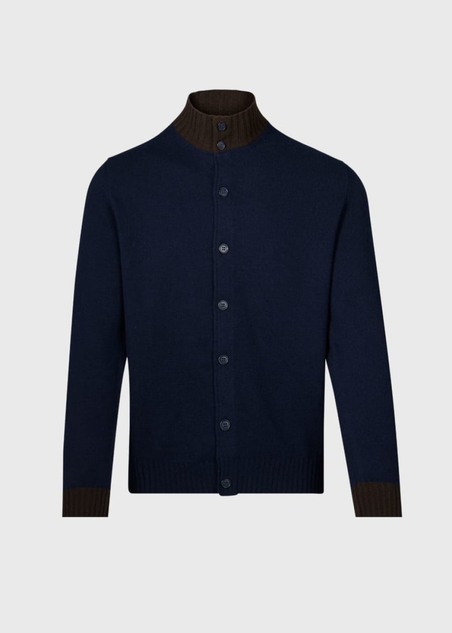 Cashmere Button Front Cardigan - Navy/Brown - S (38) - Cardigan