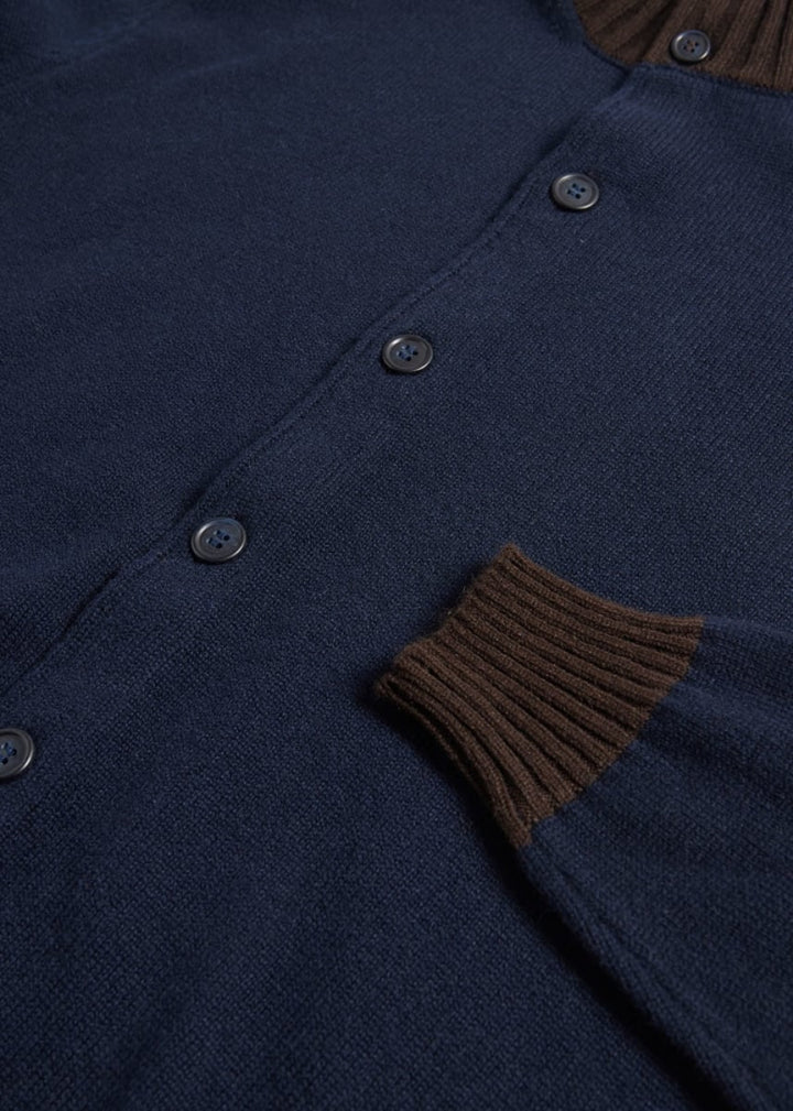 Cashmere Button Front Cardigan - Navy/Brown - S (38) - Cardigan
