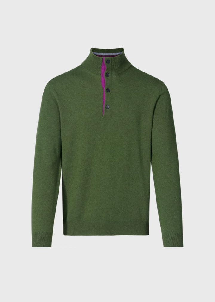 Cashmere Button Mock Neck Sweater - Olive - XXL (46) - Sweater