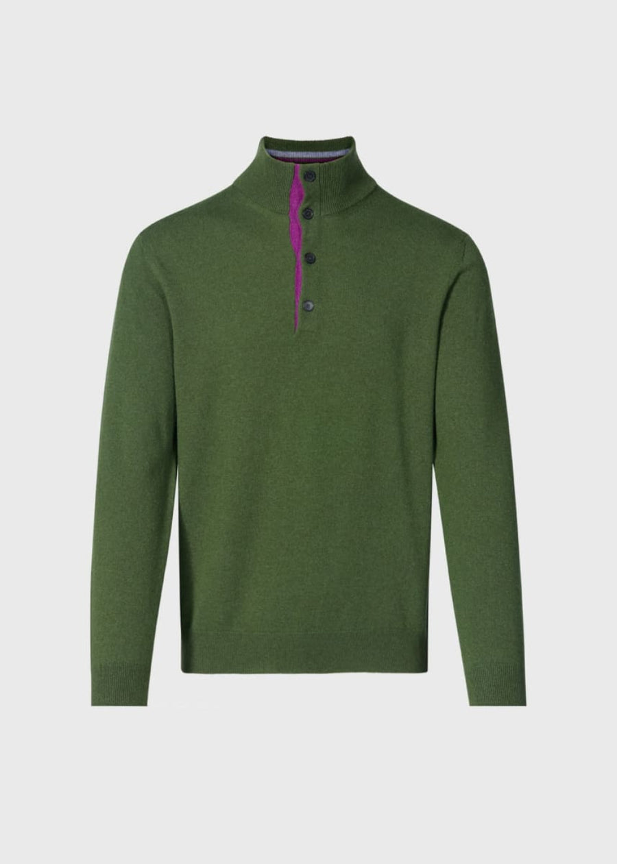 Cashmere Button Mock Neck Sweater - Olive - XXL (46) - Sweater