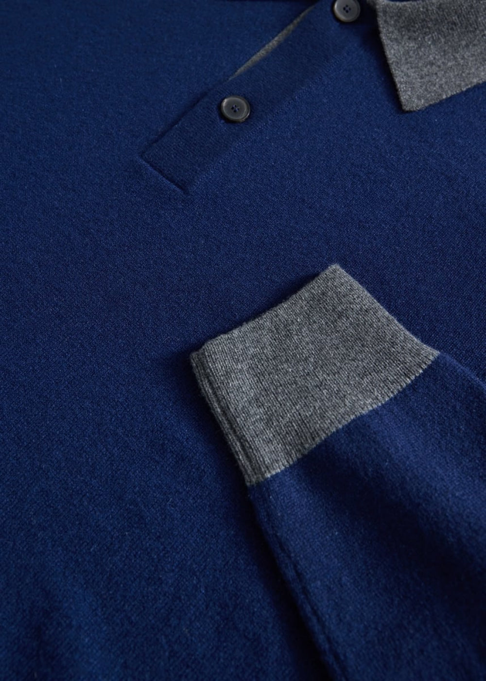 Cashmere Contrast Collar Polo - Navy - Polo