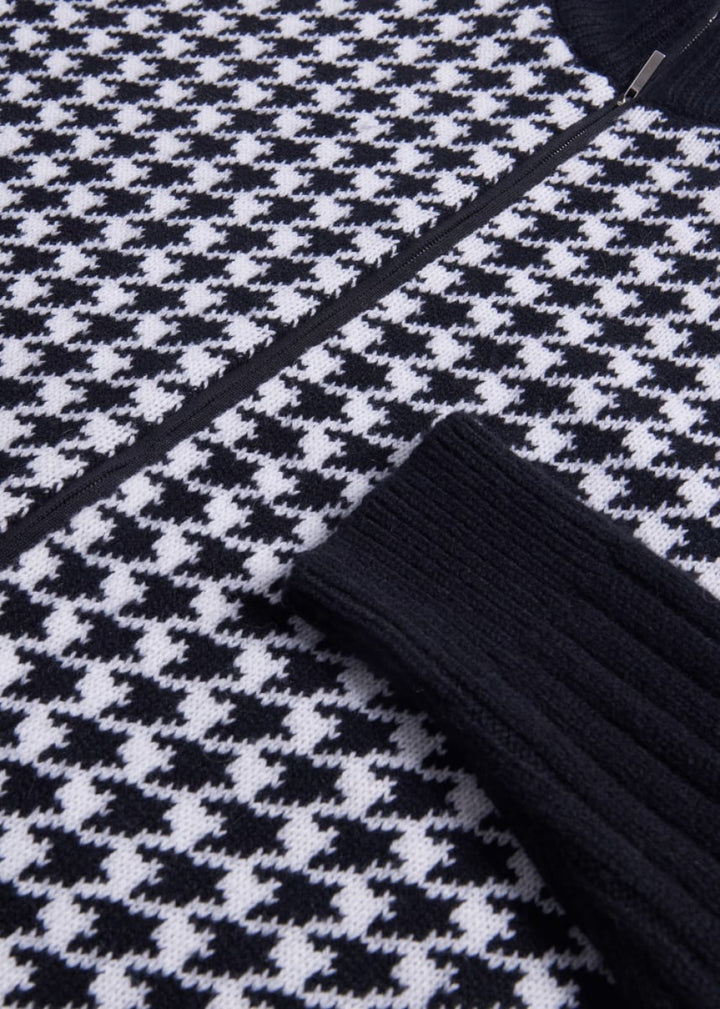 Cashmere Houndstooth Full Zip Sweater - Black/White - Sweater