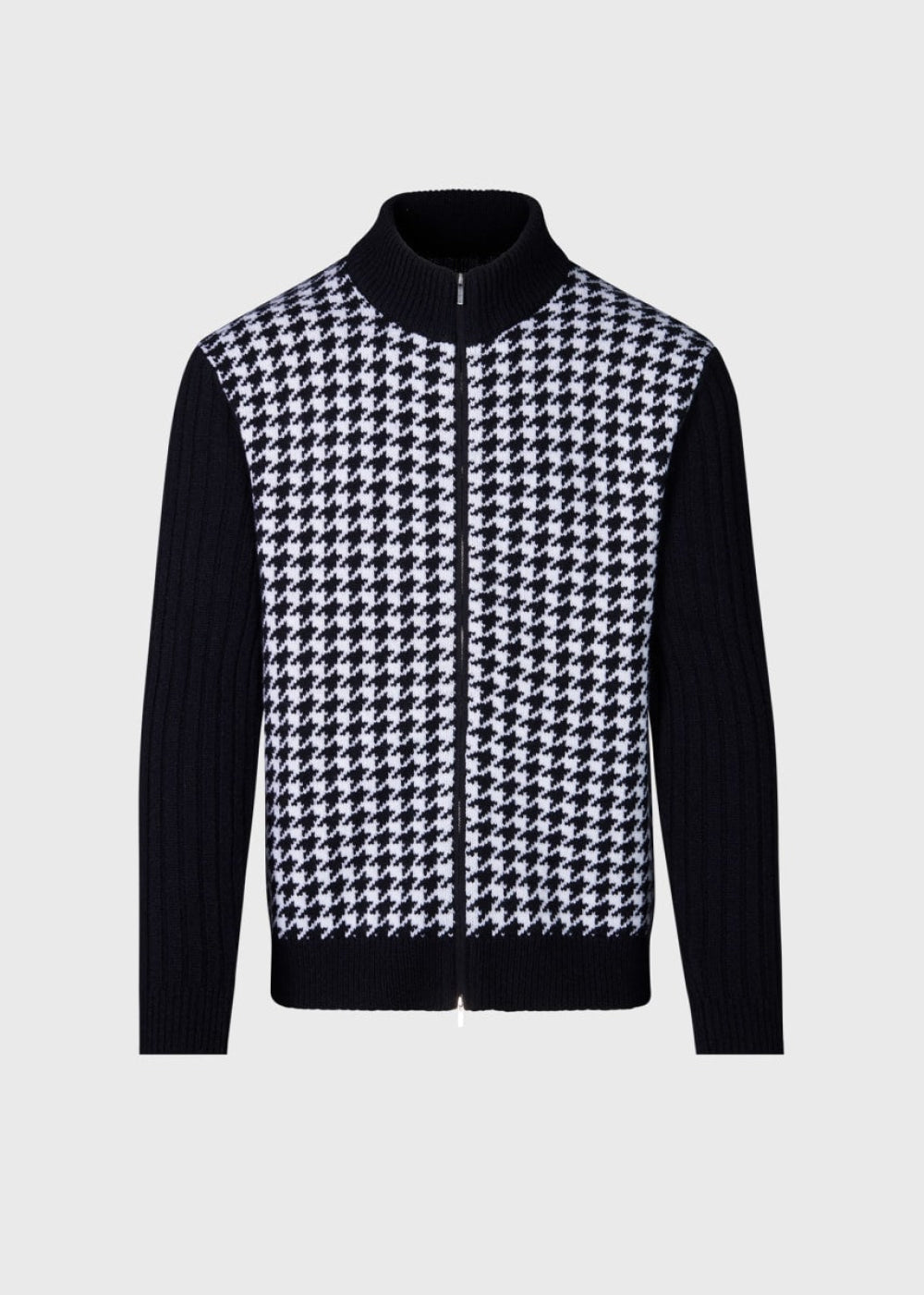 Cashmere Houndstooth Full Zip Sweater - Black/White - Sweater