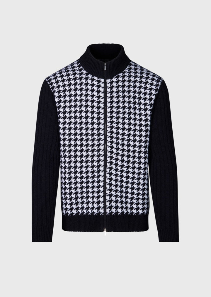 Cashmere Houndstooth Full Zip Sweater - Black/White - Sweater