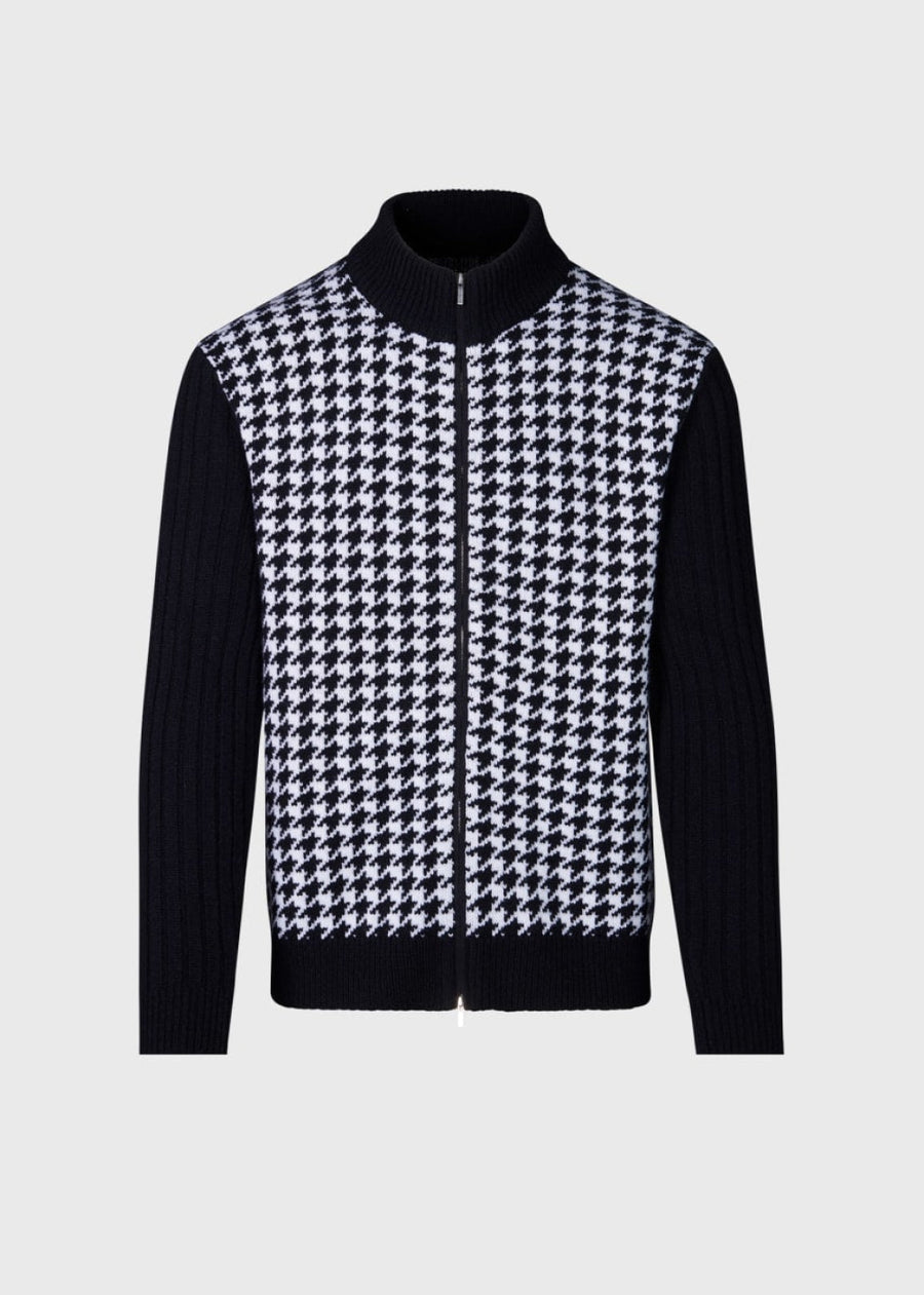 Cashmere Houndstooth Full Zip Sweater - Black/White - Sweater