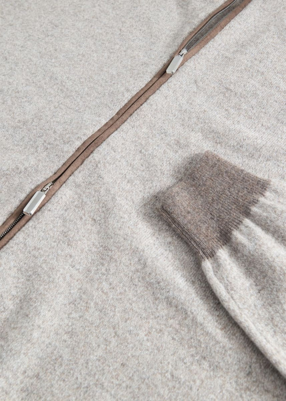 Cashmere Melange Fullzip Suede Trim Cardigan - Mocha - Cardigan