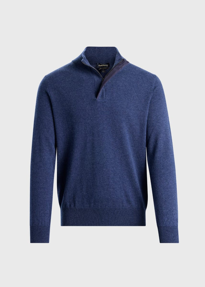 Cashmere Quarter Zip With Suede Trim - Denim - Sweater