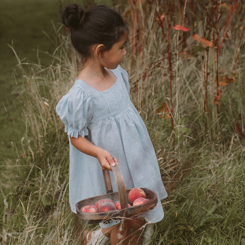 Kids Skipping Dress - Baby Blue And Milk Mini Check Linen