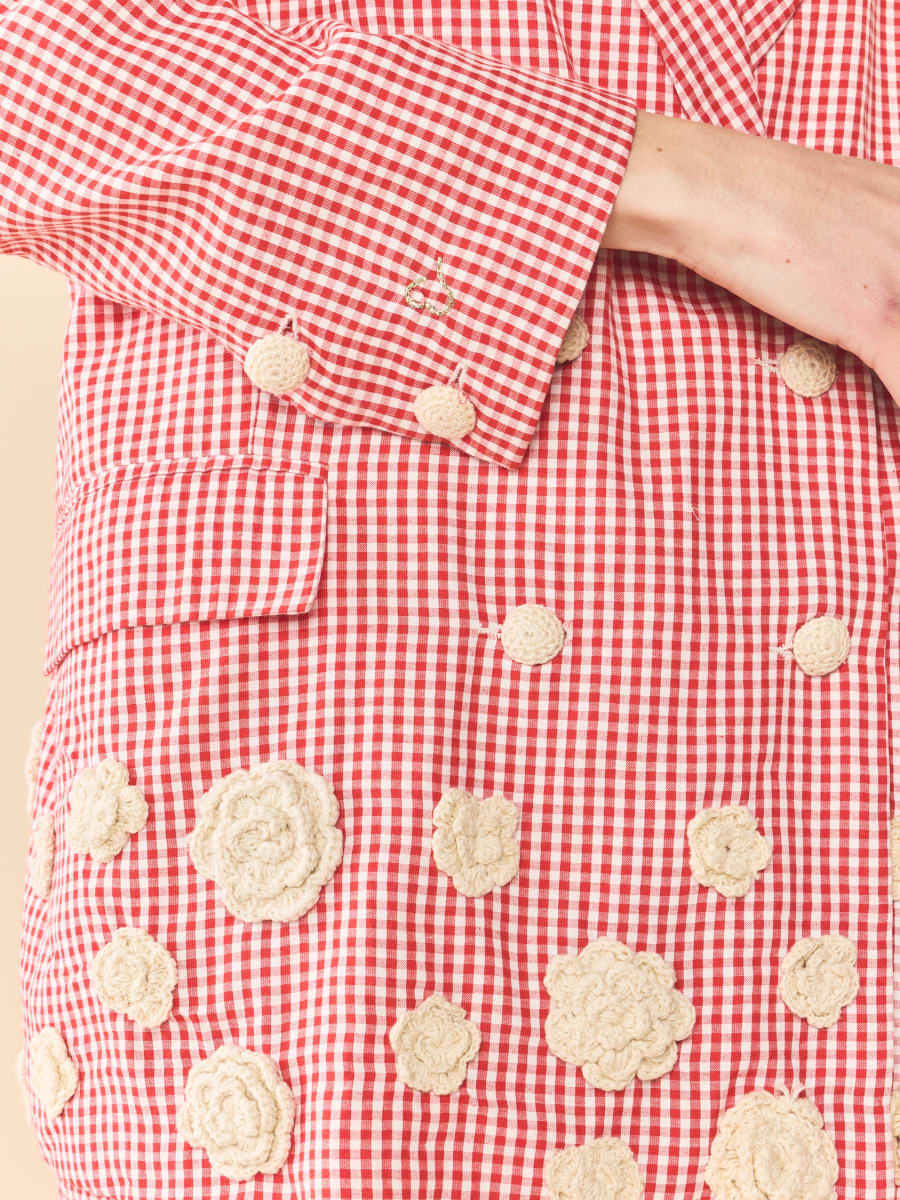 Meredith Blazer x Rainey - Red Gingham With Cream Crochet Appliqué