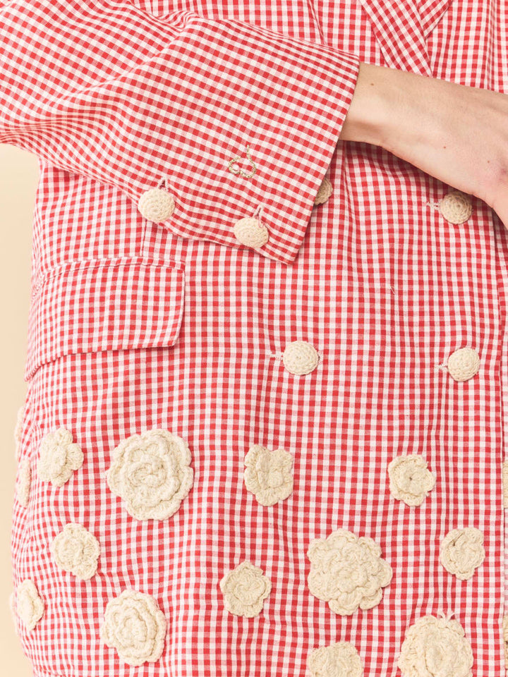 Meredith Blazer x Rainey - Red Gingham With Cream Crochet Appliqué
