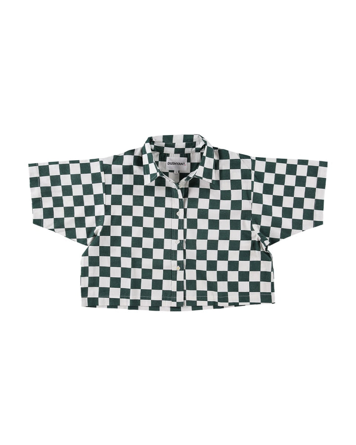Hand Printed 'The Cami' Crop Shirt - Green And White Chessboard