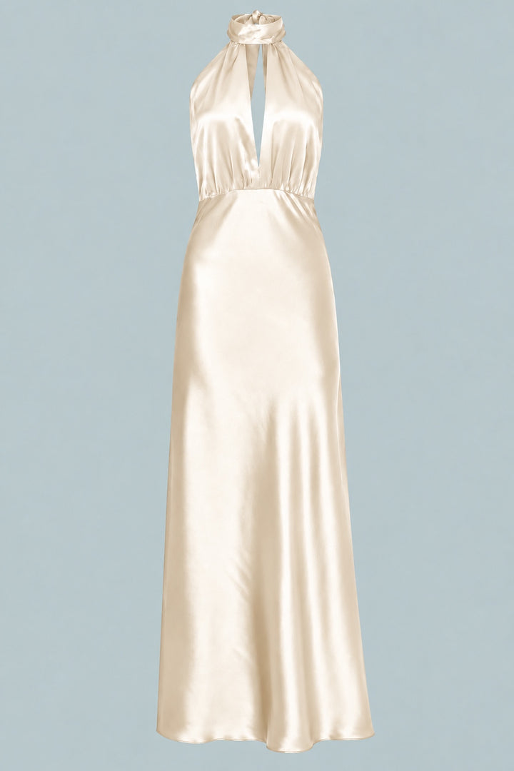 Silky Halter Cutout Gown - Champagne