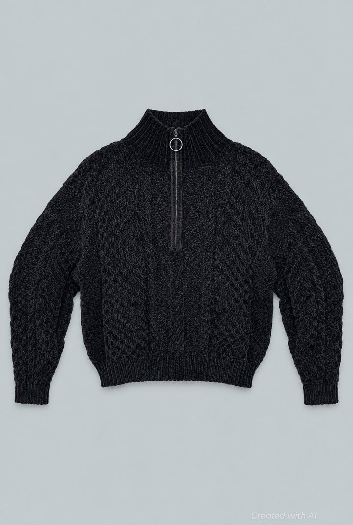 Chenille Quarter Zip Sweater - Cream - Sweater