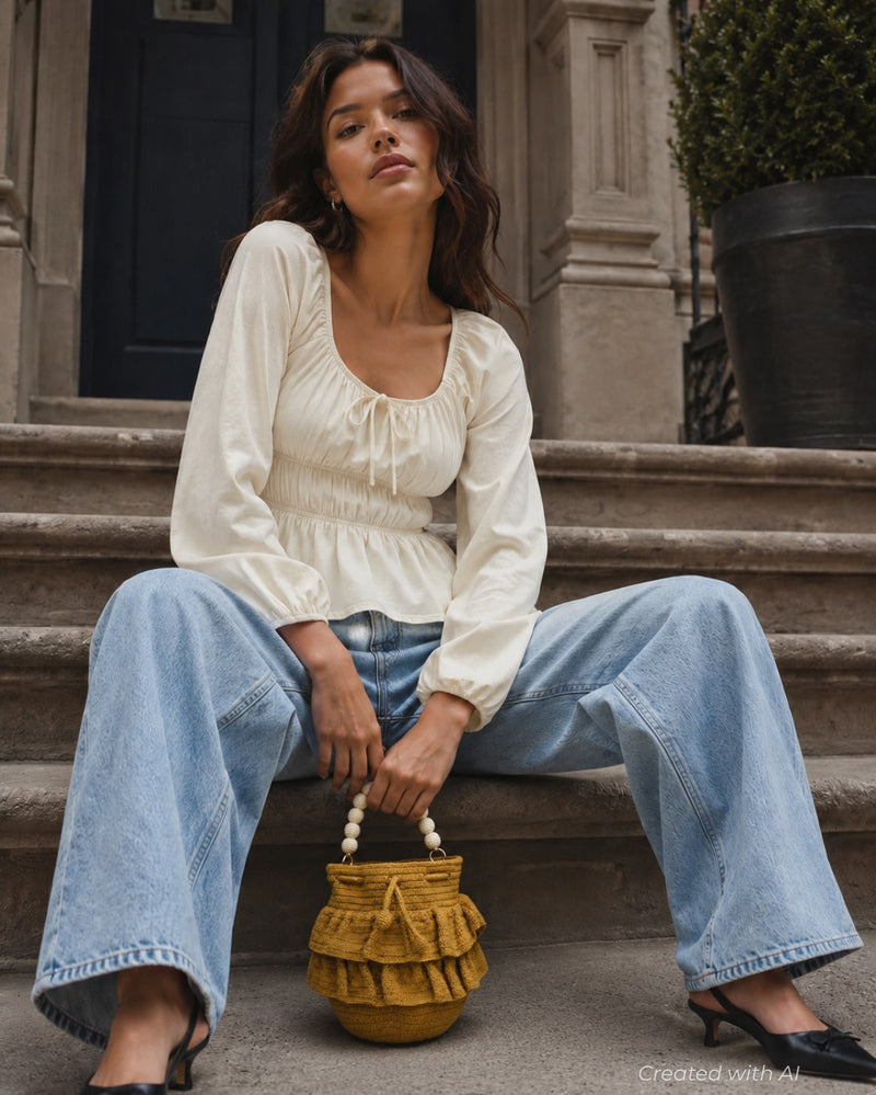 Cinched Front Blouse - Cream - Blouse