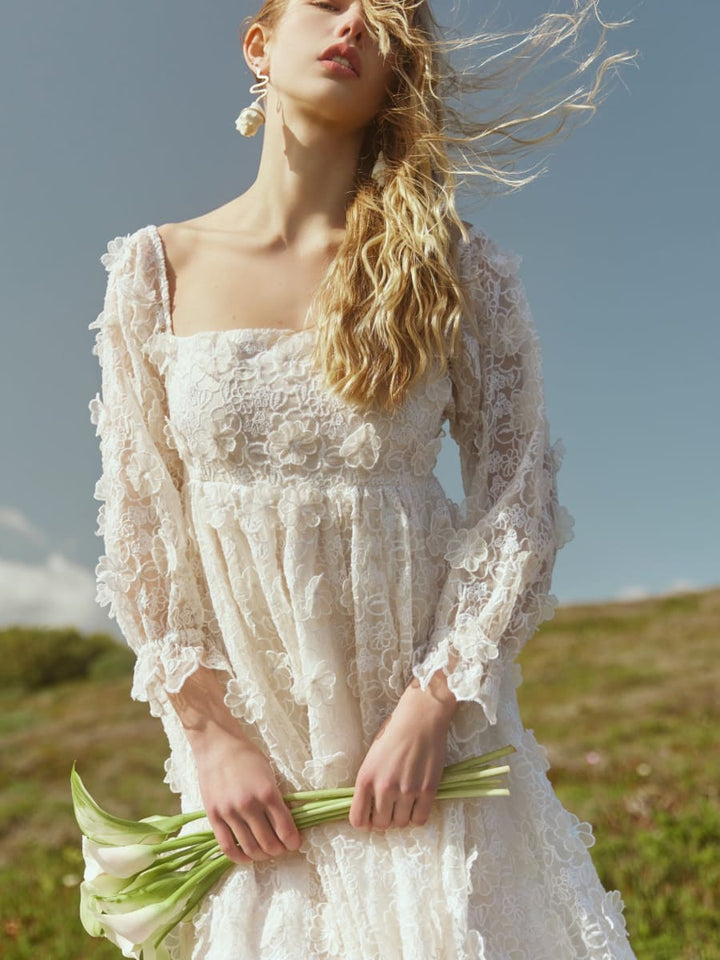 Jocelyn Puff Sleeve Midi Dress - Vivid Floral Lace