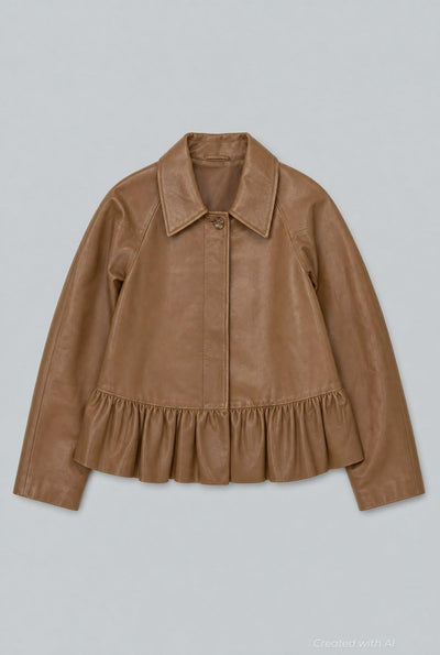City Ruffled Leather Jacket - Brown - Jacket