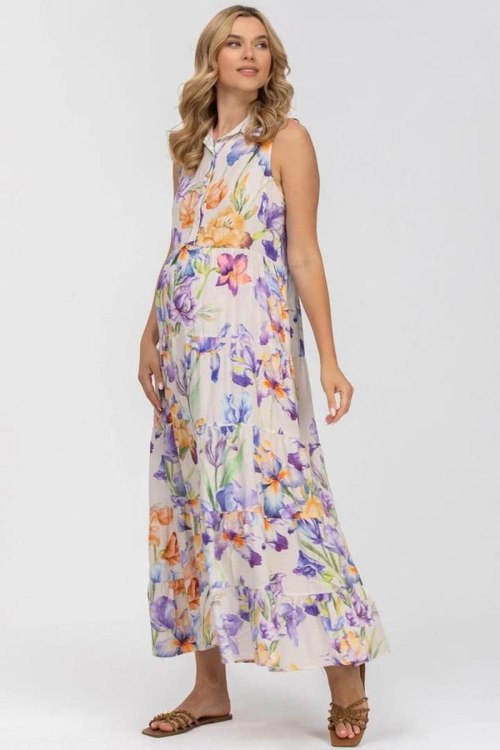 CLARA QA30 Sleeveless Printed Maxi Maternity Dress - Iris Romance - S - Dresses