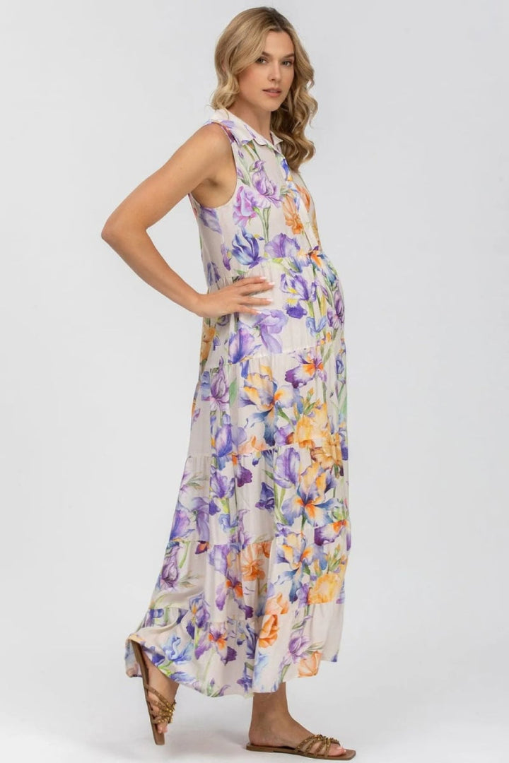 CLARA QA30 Sleeveless Printed Maxi Maternity Dress - Iris Romance - S - Dresses
